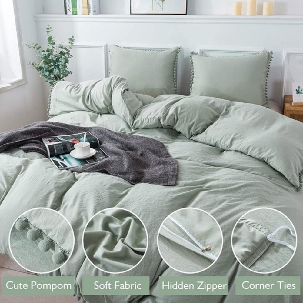 UO 3 Pieces Queen Green Pom Pom Fringe Duvet Cover - Picture 2 of 9